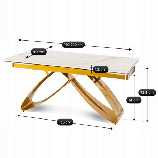 Rozkładany stół z ceramicznym blatem Luigi 160-240 cm, biały marmur/złoty