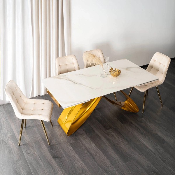 Rozkładany stół z ceramicznym blatem Luigi 160-240 cm, biały marmur/złoty