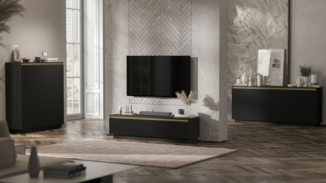 Ryflowana komoda z szafkami i szufladami Selene 3D3SZ, kolor czarny