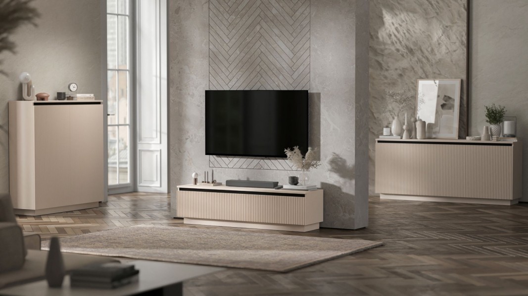 Wysoka komoda ryflowana Selene 2D3SZ, kolor kaszmirowy
