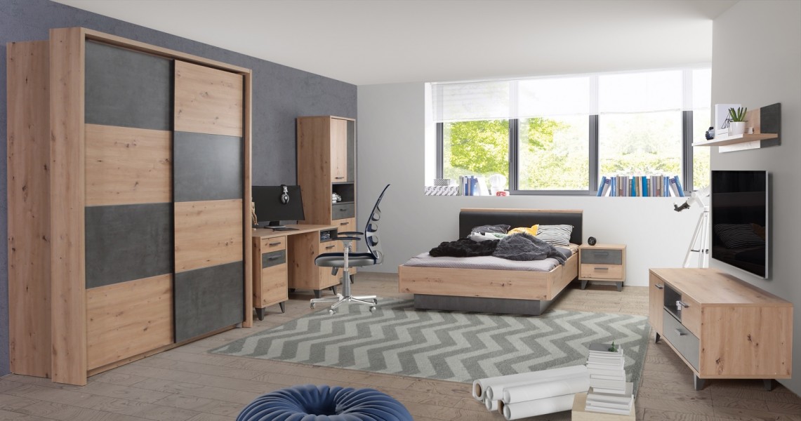 Biurko komputerowe z 2 szafkami Raven 221, dąb artisan/beton