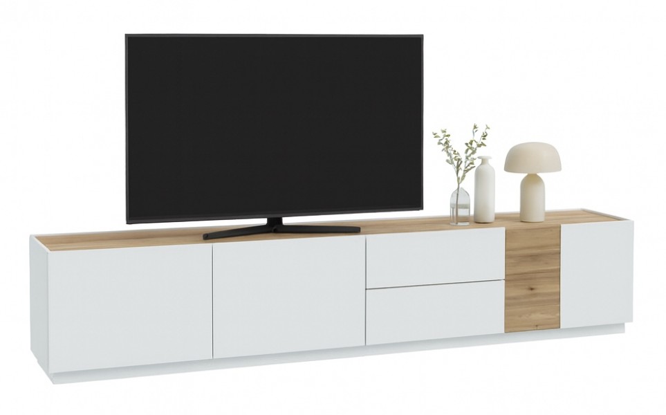 Stojący stolik RTV Lewisville 141 z 3 szafkami i 2 szufladami, Secret Grey/dąb Valencia