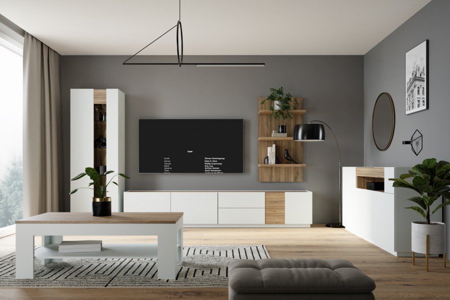 Wąska witryna z przeszkleniem Lewisville 711, Secret Grey/dąb Valencia