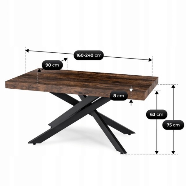 Industrialny stół rozkładany Hampton 160-240 cm, kolor dąb rustykalny/czarny