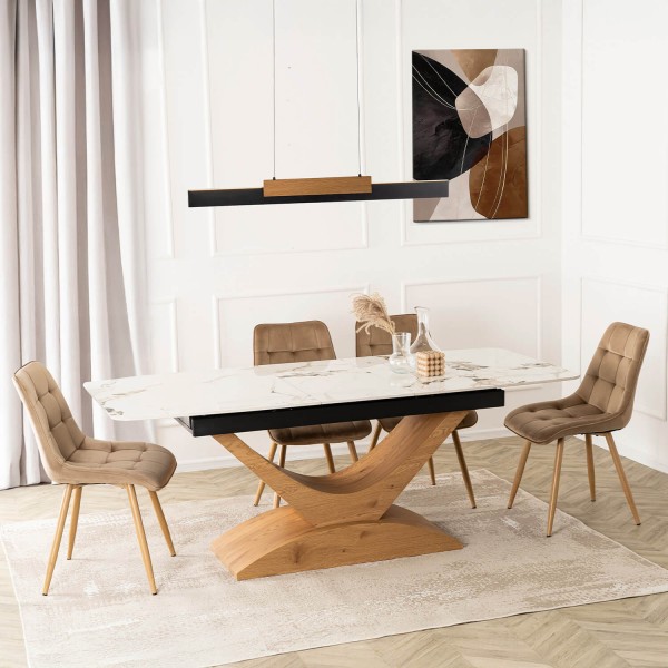 Rozkładany stół z ceramicznym blatem Alicante 160-200 cm, biały marmur/dąb