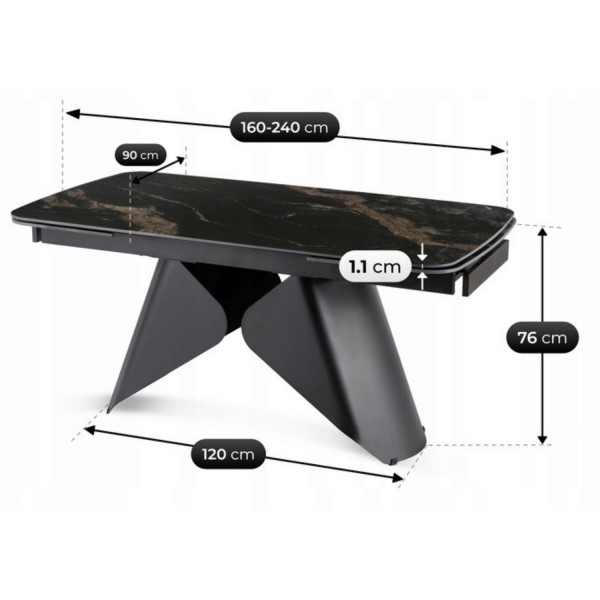 Ceramiczny stół z rozkładanym blatem Verona 160-240 cm, czarny marmur/czarny