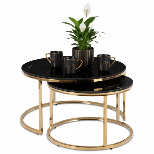 Zestaw ceramicznych stolików Milano 80 cm i 60 cm, czarny marmur/złoty