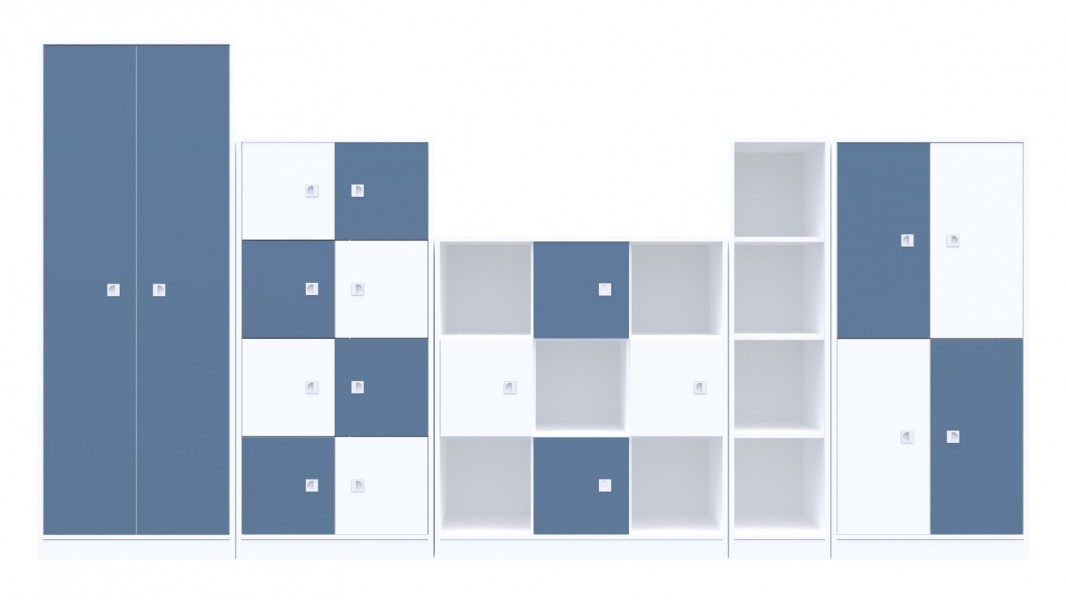 Nowoczesna meblościanka do klasy lekcyjnej Blox Colours 9, fronty pastelowe niebieskie