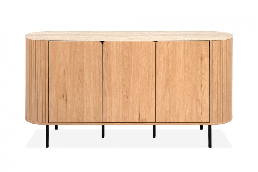 Owalna komoda do salonu ryflowana Fabia 160 cm, dąb/trawertyn
