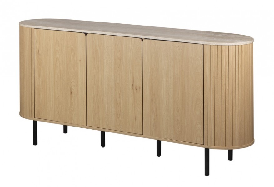 Owalna komoda do salonu ryflowana Fabia 160 cm, dąb/trawertyn