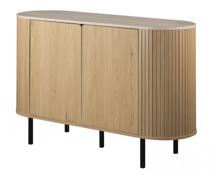Owalna komoda do salonu ryflowana Fabia 120 cm, dąb/trawertyn