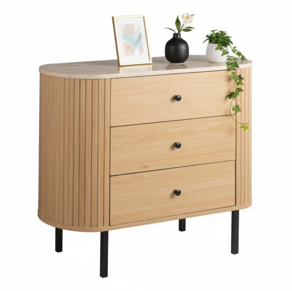 Owalna komoda z szufladami ryflowana Fabia 80 cm, dąb/trawertyn