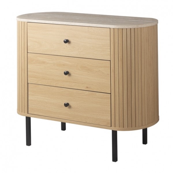 Owalna komoda z szufladami ryflowana Fabia 80 cm, dąb/trawertyn