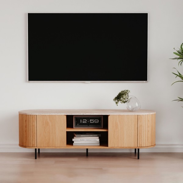 Owalna szafka RTV do salonu ryflowana Fabia 140 cm, dąb/trawertyn