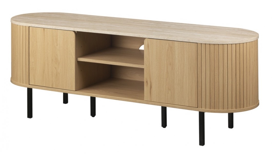 Owalna szafka RTV do salonu ryflowana Fabia 140 cm, dąb/trawertyn