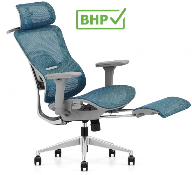 Ergonomiczny fotel biurowy Homer z podnóżkiem i wieszakiem, zgodny z normą BHP