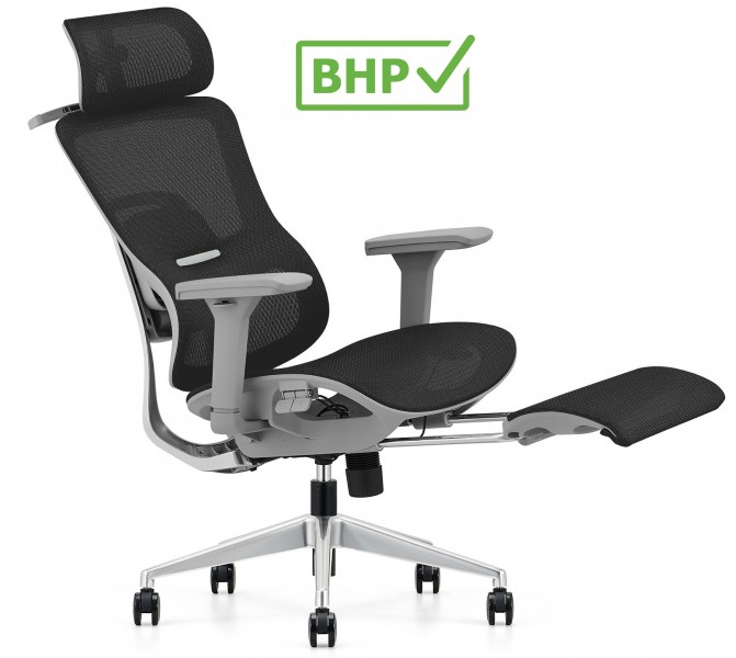 Ergonomiczny fotel biurowy Homer z podnóżkiem i wieszakiem, zgodny z normą BHP