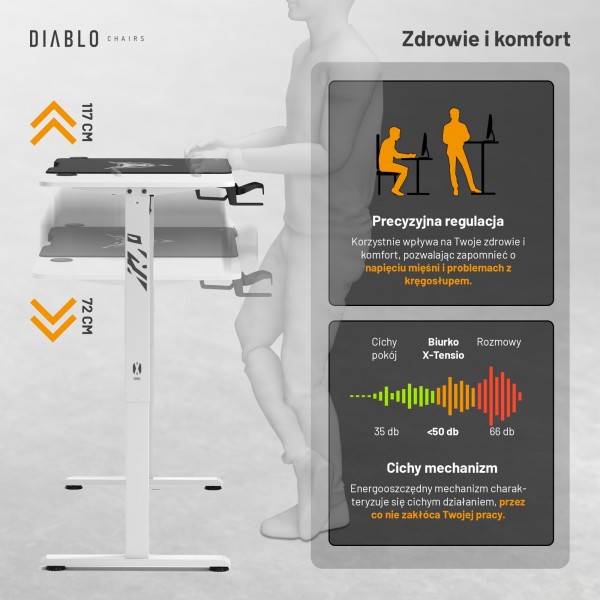 Biurko gamingowe z regulacją wysokości Diablo X-Tensio 110 cm, kolor biały