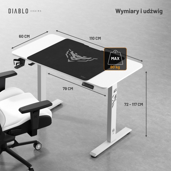 Biurko gamingowe z regulacją wysokości Diablo X-Tensio 110 cm, kolor biały