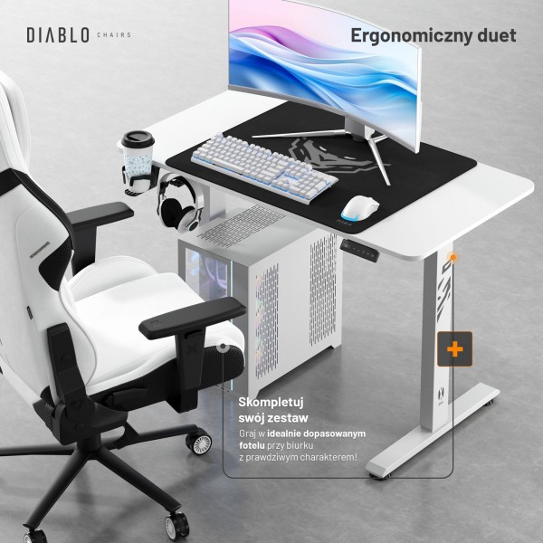 Biurko gamingowe z regulacją wysokości Diablo X-Tensio 110 cm, kolor biały