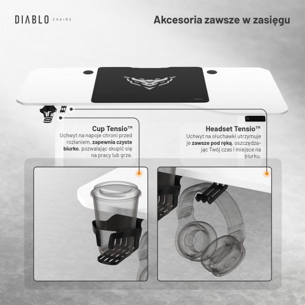 Biurko gamingowe z regulacją wysokości Diablo X-Tensio 160 cm, kolor biały