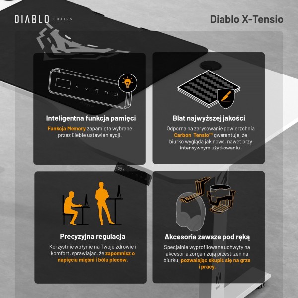 Biurko gamingowe z regulacją wysokości Diablo X-Tensio 160 cm, kolor biały