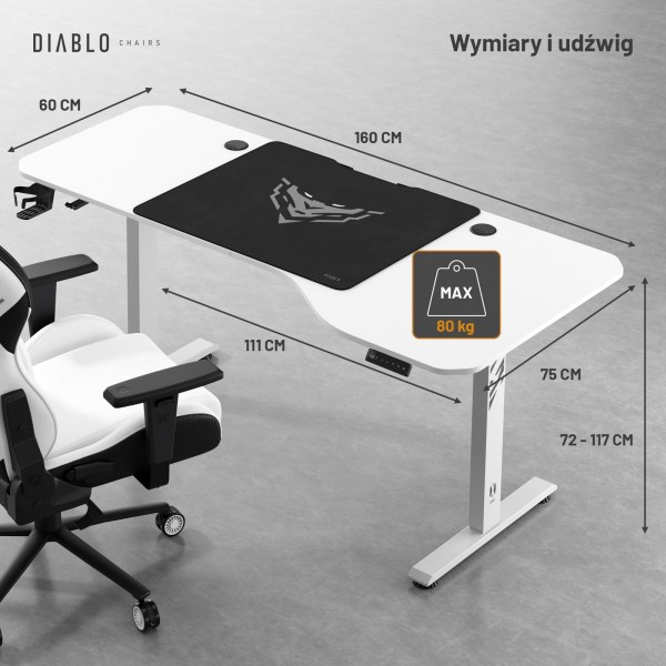 Biurko gamingowe z regulacją wysokości Diablo X-Tensio 160 cm, kolor biały