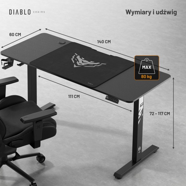Biurko gamingowe elektryczne Diablo X-Tensio 140 cm, kolor czarny carbon