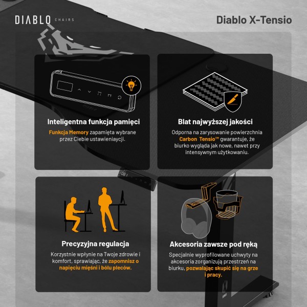 Biurko gamingowe elektryczne Diablo X-Tensio 160 cm, kolor czarny carbon