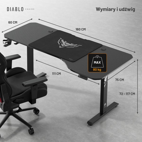 Biurko gamingowe elektryczne Diablo X-Tensio 160 cm, kolor czarny carbon