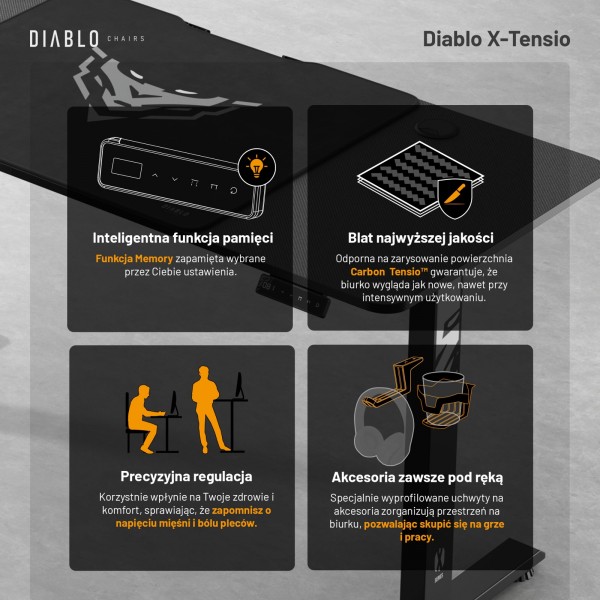 Biurko gamingowe elektryczne Diablo X-Tensio 110 cm, kolor czarny carbon