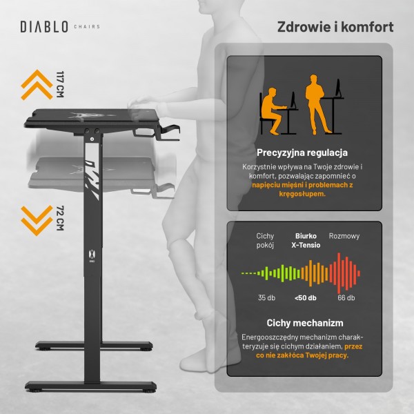 Biurko gamingowe elektryczne Diablo X-Tensio 110 cm, kolor czarny carbon