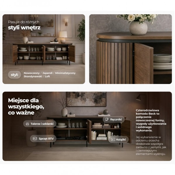 Owalna komoda z ryflowanymi wstawkami Beck 200 cm, orzech