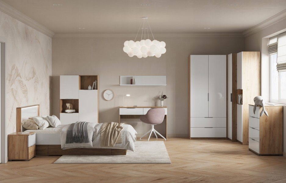 Łóżko 120x200 z szufladami i oświetleniem LED Asti 132, dąb craft/biały połysk