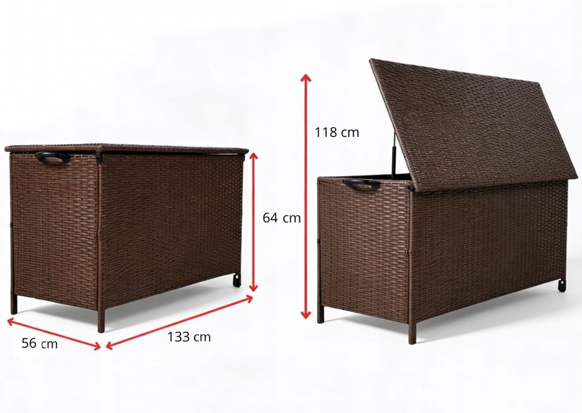 Skrzynia ogrodowa na poduszki z technorattanu XL-SD-L, 133x56x64 cm, kolor jasny brąz