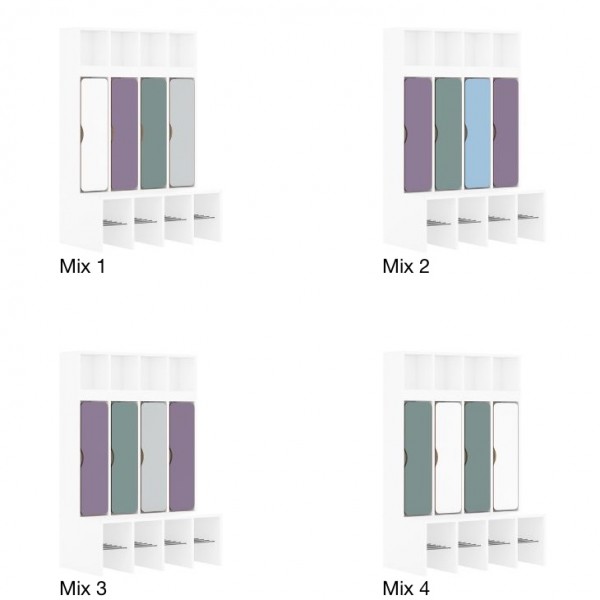 Szatnia dziecięca przedszkolna 4-osobowa z drzwiczkami dolnymi Blox Colours Mix, index SZT-4R-B-B-A