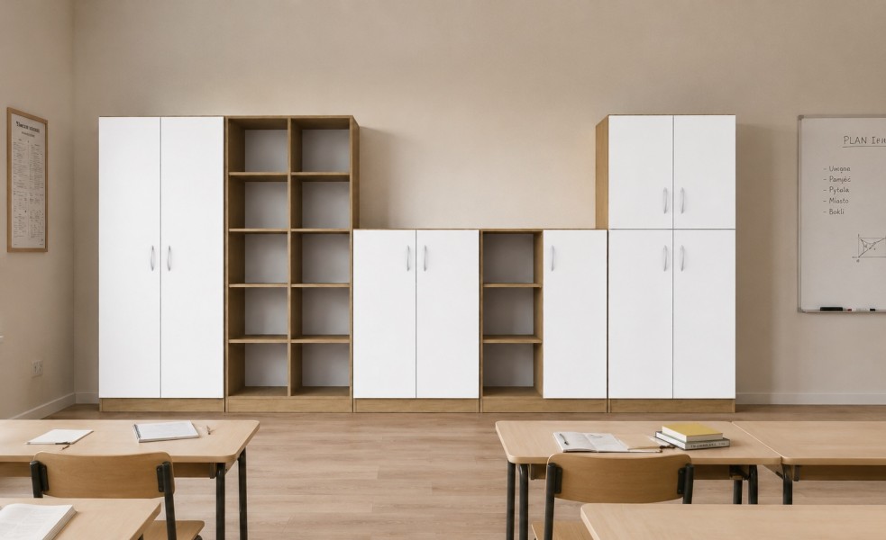 Zestaw mebli do klasy szkolnej Simple 12 z szafami na klucz i regałem