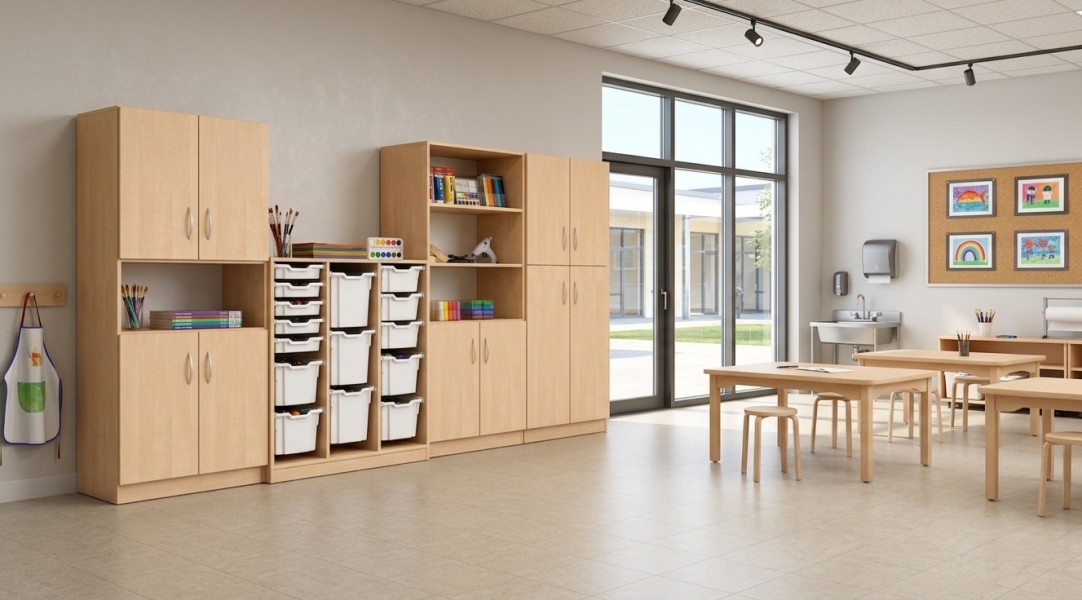 Meble szkolne z pojemnikami do pracowni plastycznej - zestaw Simple 15