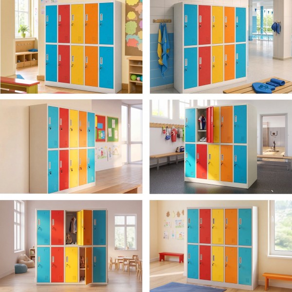 Szatnia szkolna 10-skrytkowa Bartuś 136x45x150 cm, kolor szaro-wielokolorowy