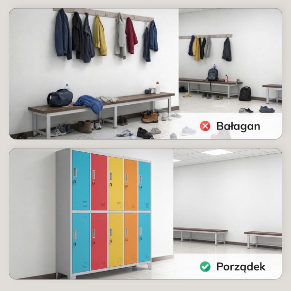 Metalowa szatnia 10-skrytkowa Bartek, 136x45x172 cm, szaro-wielokolorowa