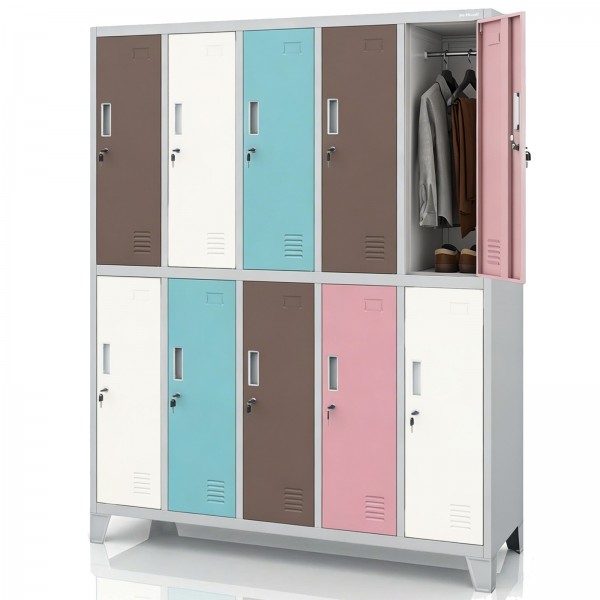 Metalowa szatnia 10-skrytkowa Bartek, 136x45x172 cm, szaro-pastelowa