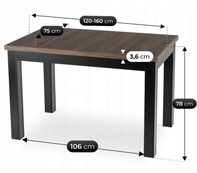 Loftowy stół rozkładany Skubi 120-160 cm, orzech/czarny