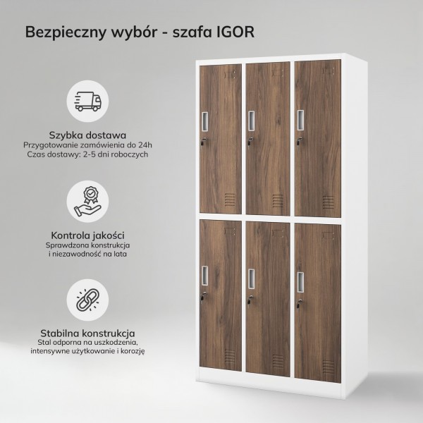 Szafa socjalna 6-drzwiowa Eco Design Igor, 90x45x185 cm, biały/orzech