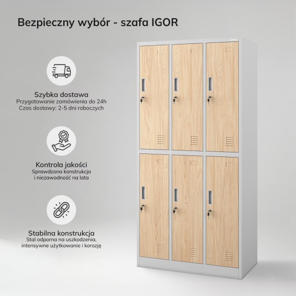 Szafa socjalna 6-drzwiowa Eco Design Igor, 90x45x185 cm, szary/dąb sonoma