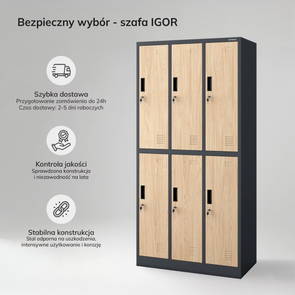 Szafa socjalna 6-drzwiowa Eco Design Igor, 90x45x185 cm, antracyt/dąb sonoma