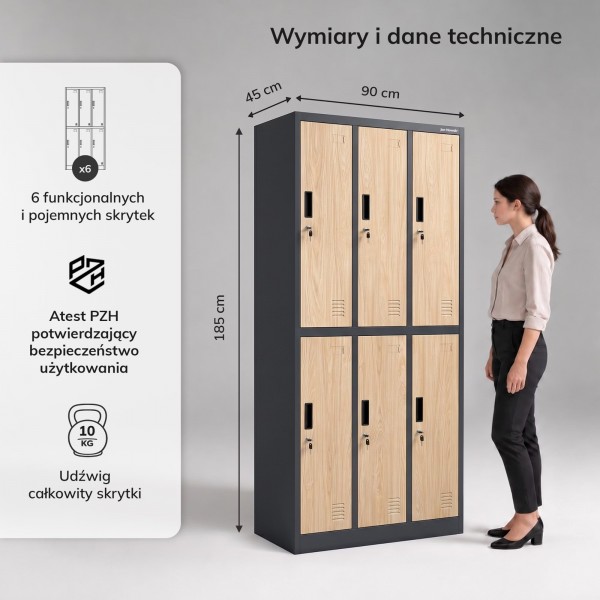 Szafa socjalna 6-drzwiowa Eco Design Igor, 90x45x185 cm, antracyt/dąb sonoma