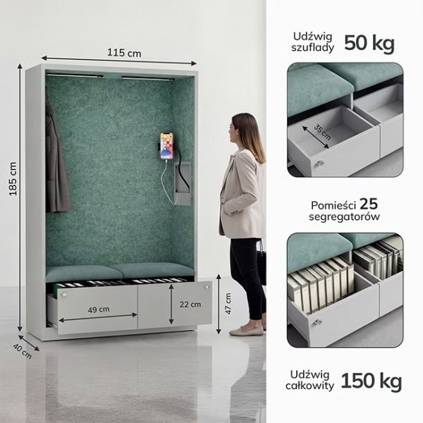 Szafa akustyczna do biura i szkoły Sally MentalBox, 115 x 40 x 185 cm, antracyt/ciemnoszary