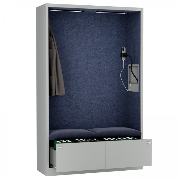 Szafa akustyczna do biura i szkoły Sally MentalBox, 115 x 40 x 185 cm, szary/granatowy