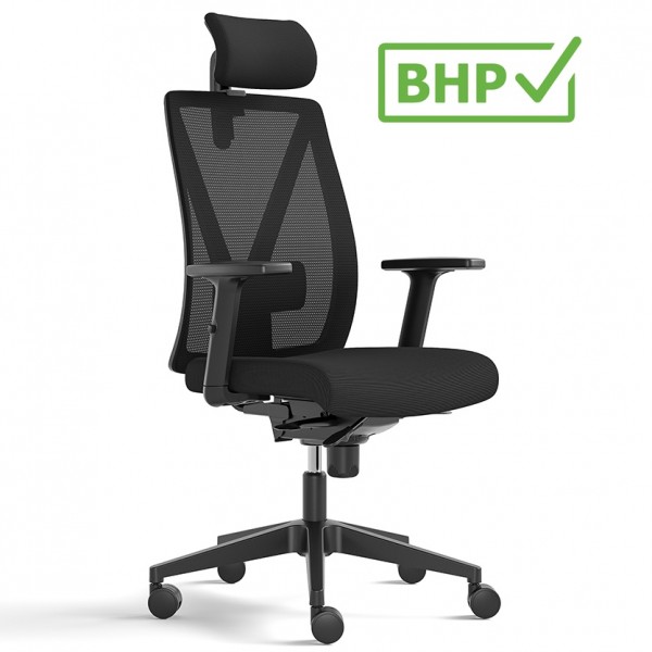 Fotel biurowy ergonomiczny Diplo z zagłówkiem, zgodny z normą BHP