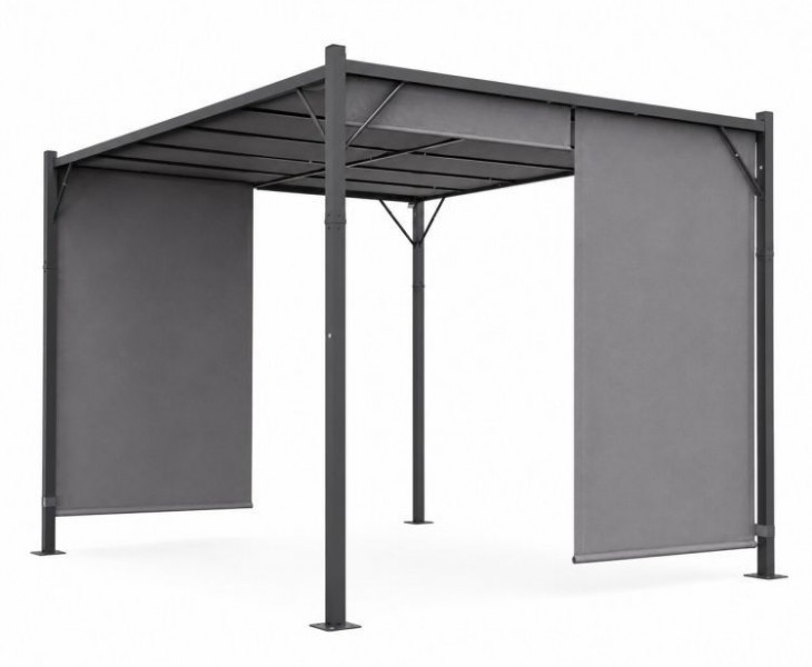 Szara pergola ogrodowa FG-362 z regulowanym zadaszeniem i roletami bocznymi